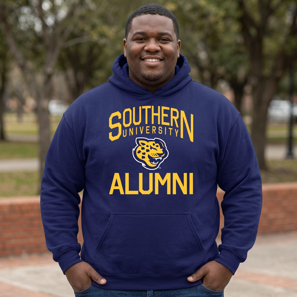 Navy Southern University Alumni Hoodie with Official White & Gold Southern University Jaguar Logo 