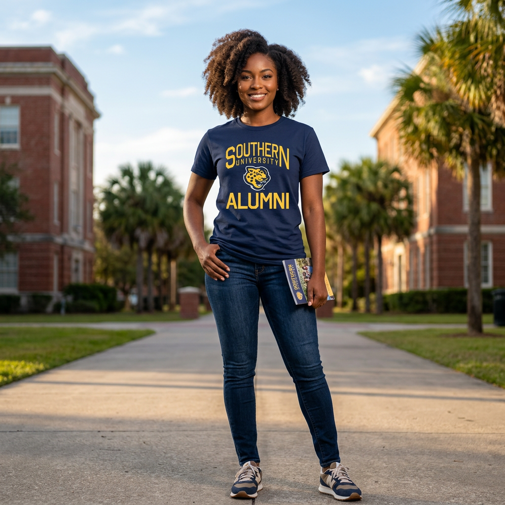 Navy Southern University Alumni Unisex T-Shirt with Official White & Gold Southern University Jaguar Logo 