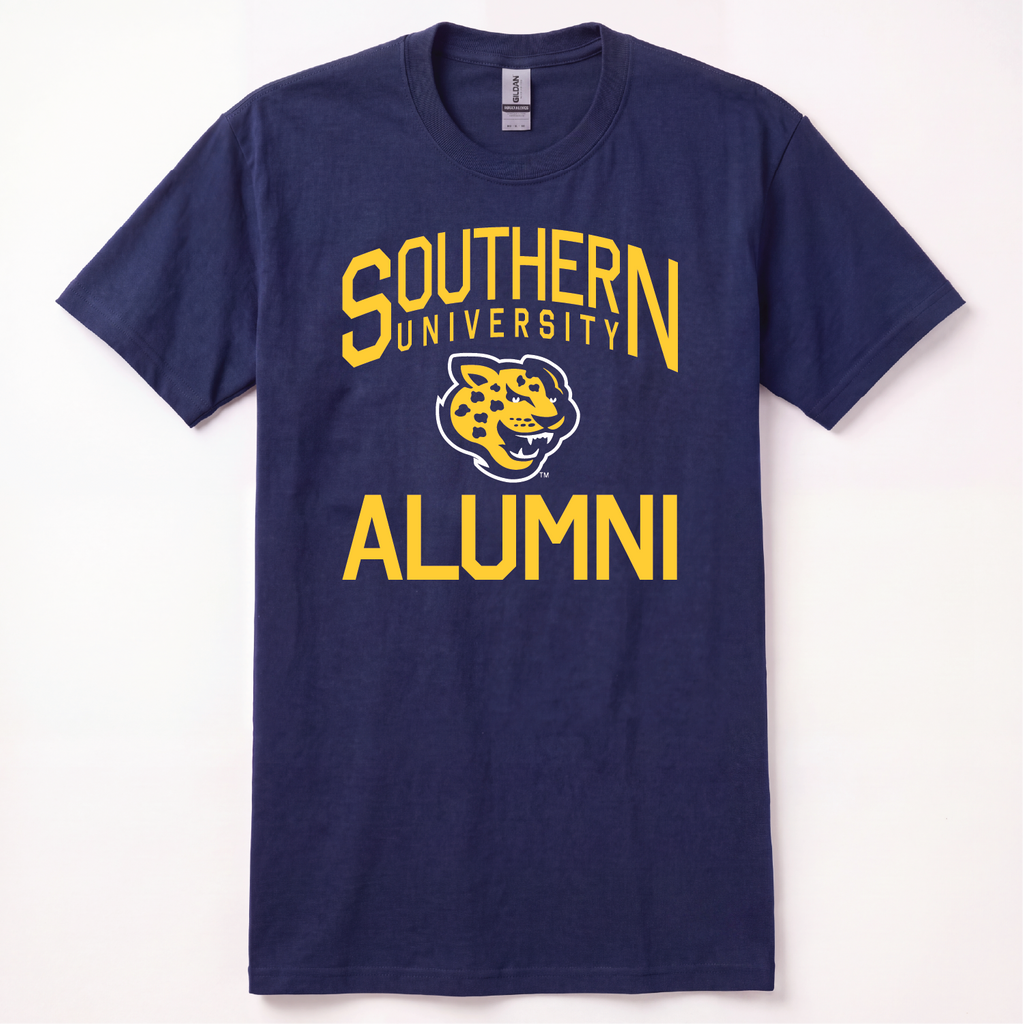 Navy Southern University Alumni Unisex T-Shirt with Official White & Gold Southern University Jaguar Logo 