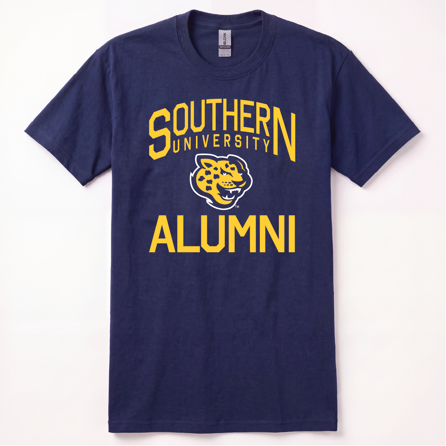 Navy Southern University Alumni Unisex T-Shirt with Official White & Gold Southern University Jaguar Logo 