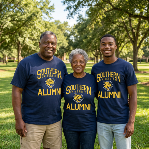 Navy Southern University Alumni Unisex T-Shirt with Official White & Gold Southern University Jaguar Logo 